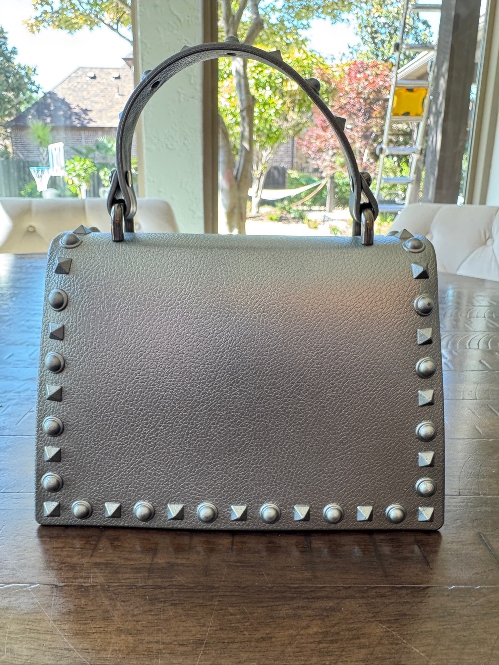Gray/Silver Studded Handbag and Crossbody Bag with Gunmetal Hardware - Picture 3 of 9
